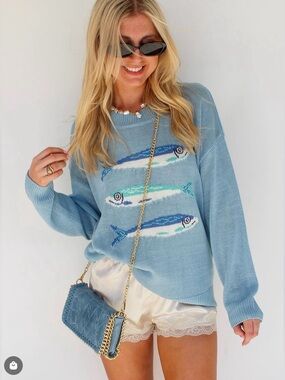 240. Light Blue Fish Motif Knit Sweater - Women's Casual Pullover